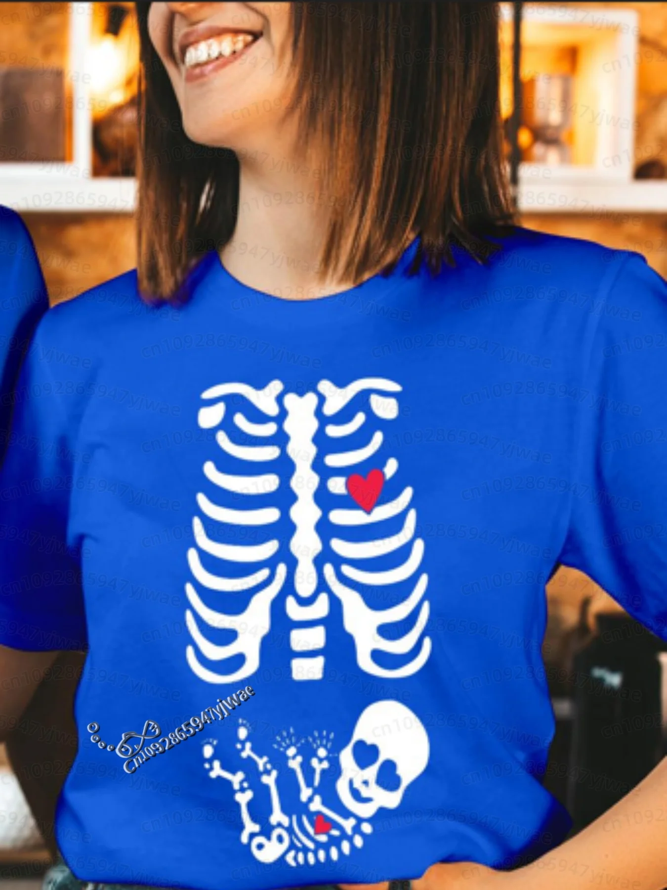 2026 Herren Halloween Skelett Schwangerschafts-Baby Halloween T-Shirt Totenkopf-Knochen-Druck Kurzarm Damen Herren Halloween Paar T-Shirt – Detail 17