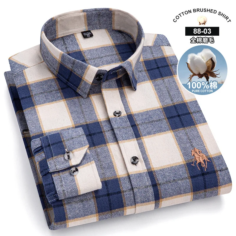 6XL new men\'s long-sleeved shirt Spring summer 100% cotton high quality fashion plaid stripes free iron plus size breathable