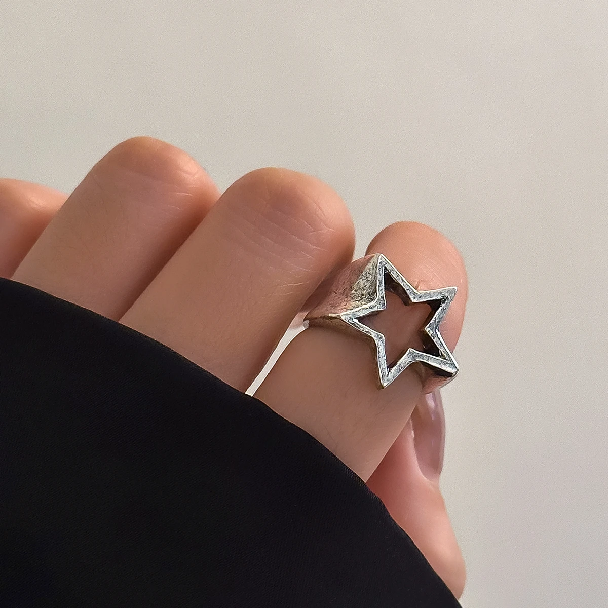 KunJoe Punk Hollow Out Thick Geometric Star Open Ring for Women Men Minimalist Silver Color Ring Party Hip Hop Jewelry