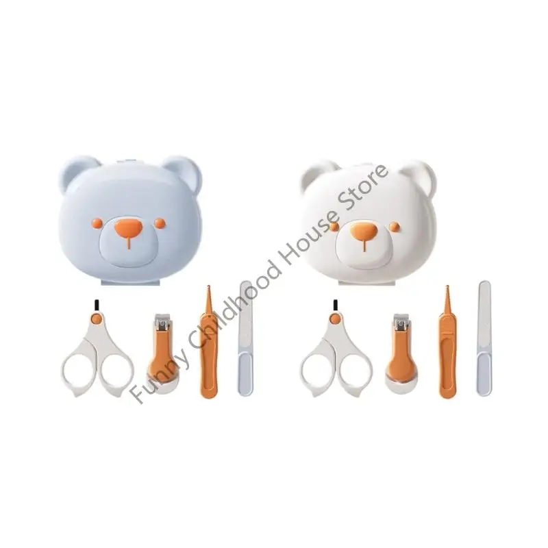 

D0LA Professional Infant Care Tool Set Gentle Nails Clippers Scissors and Cartoon Bear Storage Box for Newborns Needs