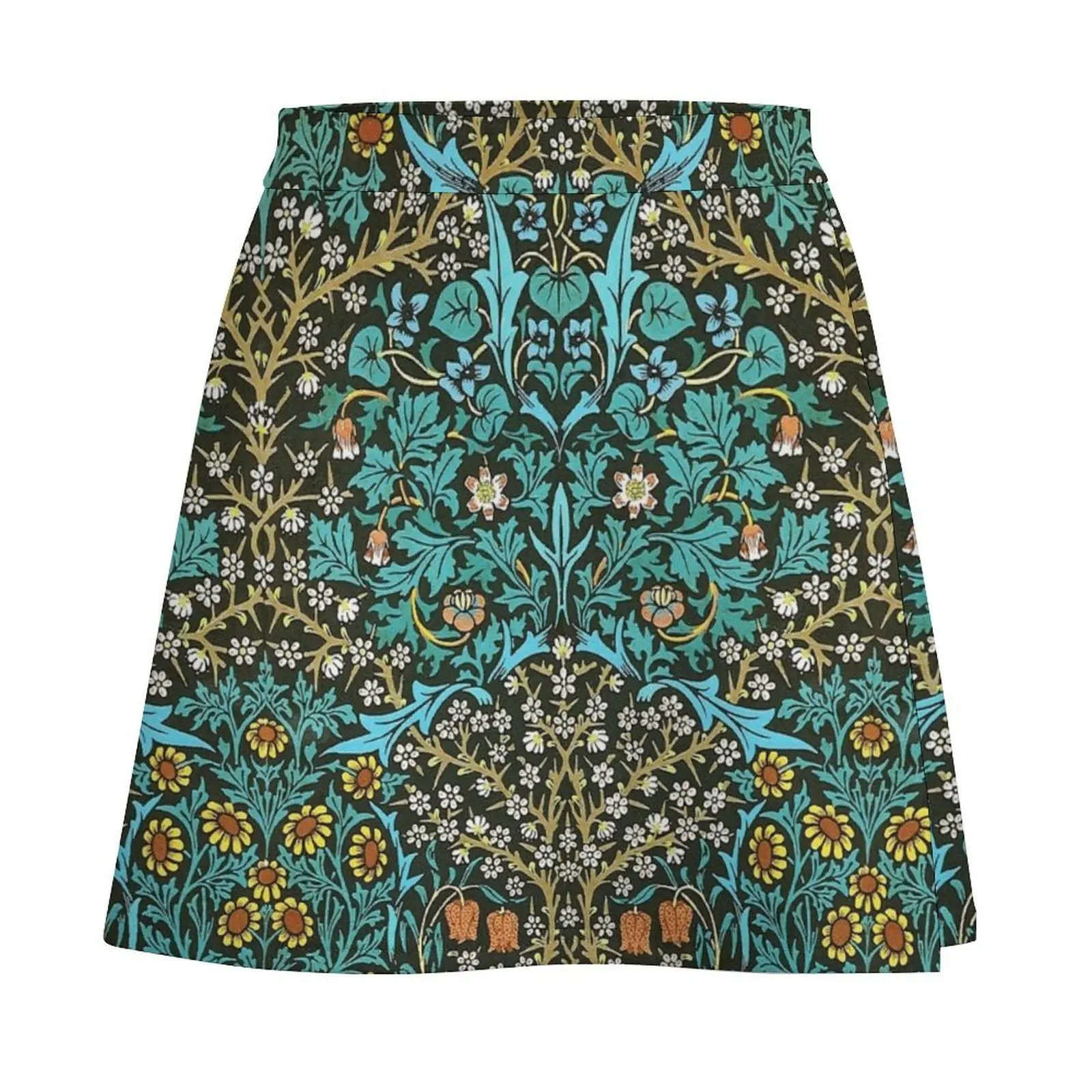 BLACKTHURN ,WILD FLOWERS ,TEAL BLUE LEAVES Art Nouveau Floral Mini Skirt Short women′s skirts korean style women clothing