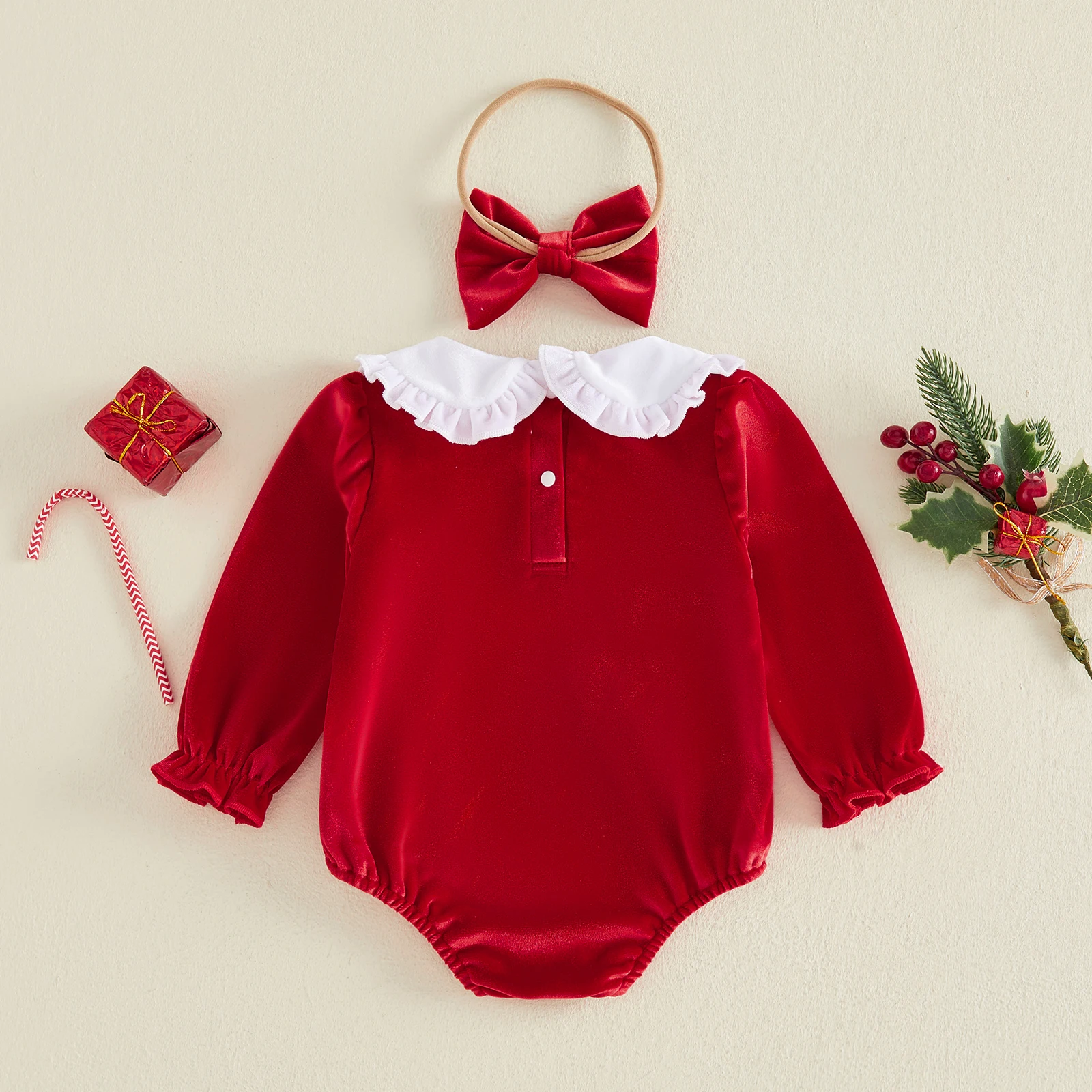 Baby Girls Christmas Rompers Outfit Long Sleeve Doll Collar Embroidery Bodysuit and Headband Winter Xmas Costume Clothes
