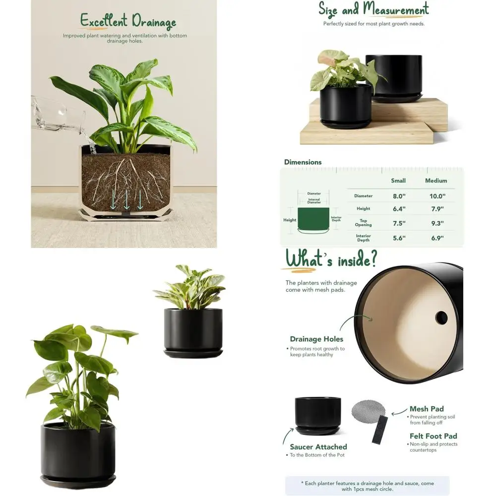 

Набор из 2 черных цветочных горшков, 8 и 10 дюймов, с дренажем и поддонами, идеально подходят для комнатных растений и минималистичного декора.