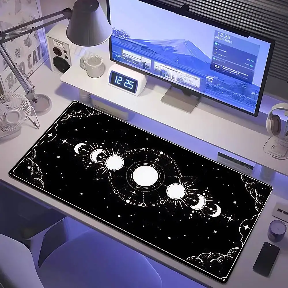 White & Black Deskmat Gaming Tarot Astrology Aesthetic Rubber Mousepad 120x60cm Cartoon Celestial Moon Phases Non-slip Mouse Pad