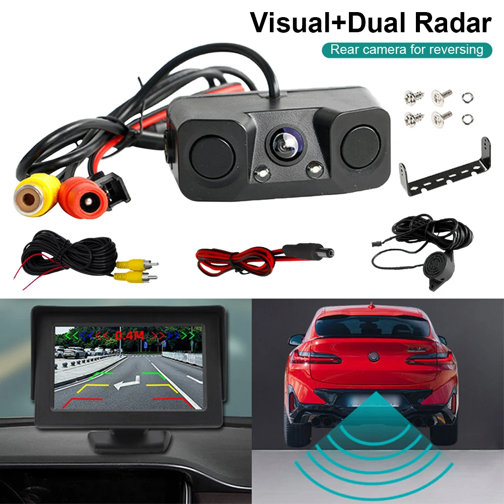 

LED Reverse Camera Night Vision Waterproof HD CCD Car Rear View Camera 3-in-1 Parking Radar Detector Sensor