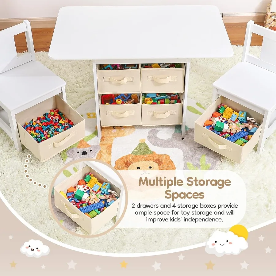 Zestaw stół i krzesła z 6 pojemnikami do przechowywania dla maluchów, drewniane meble z powierzchnią odporną na wodę, łatwa w czyszczeniu, pomysł na wyposażenie.