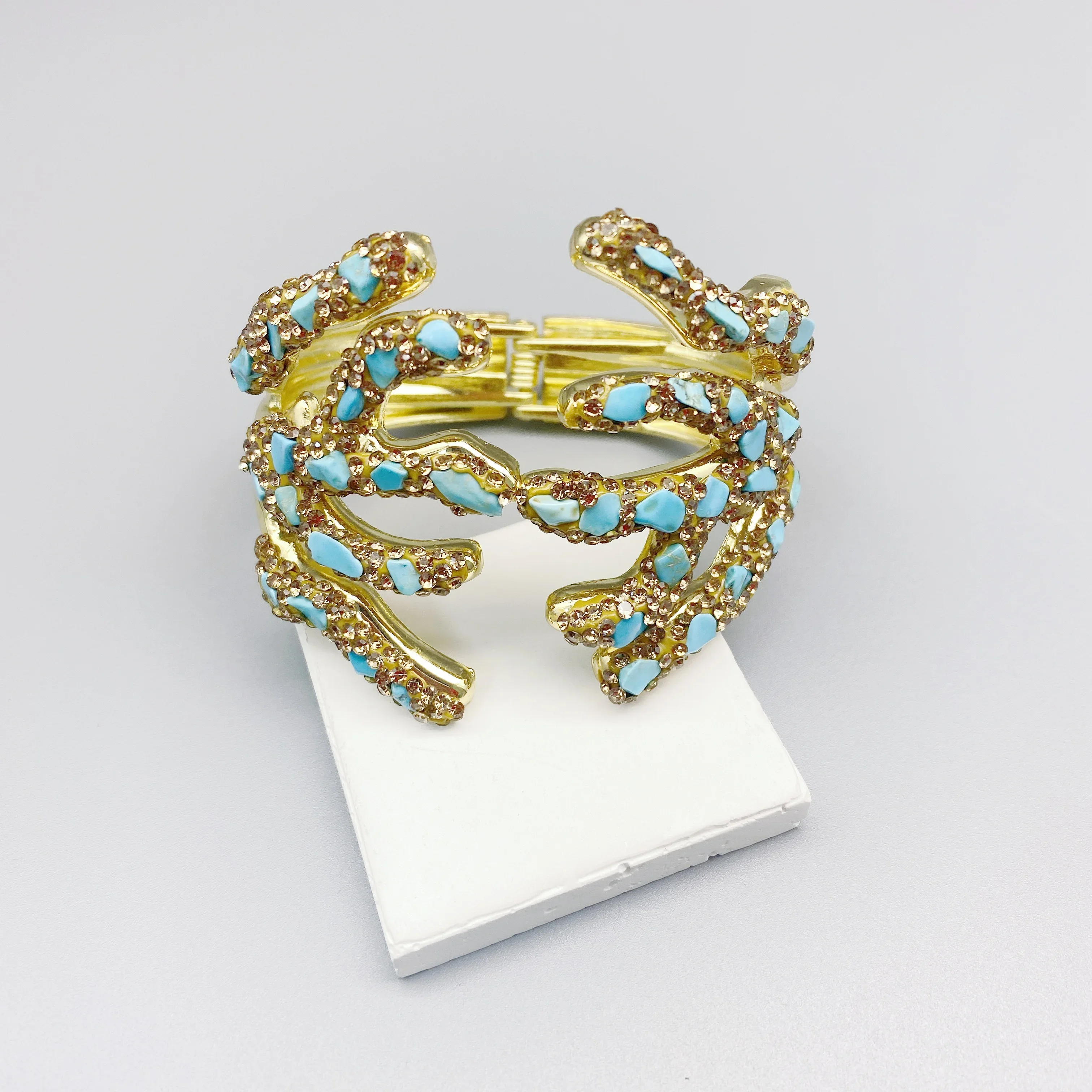 Handmade Coral Shape Raw Turquoise Rhinestone Cuff Bangle Irregular Crystal Statement Lucky & Success Stone Jewelry