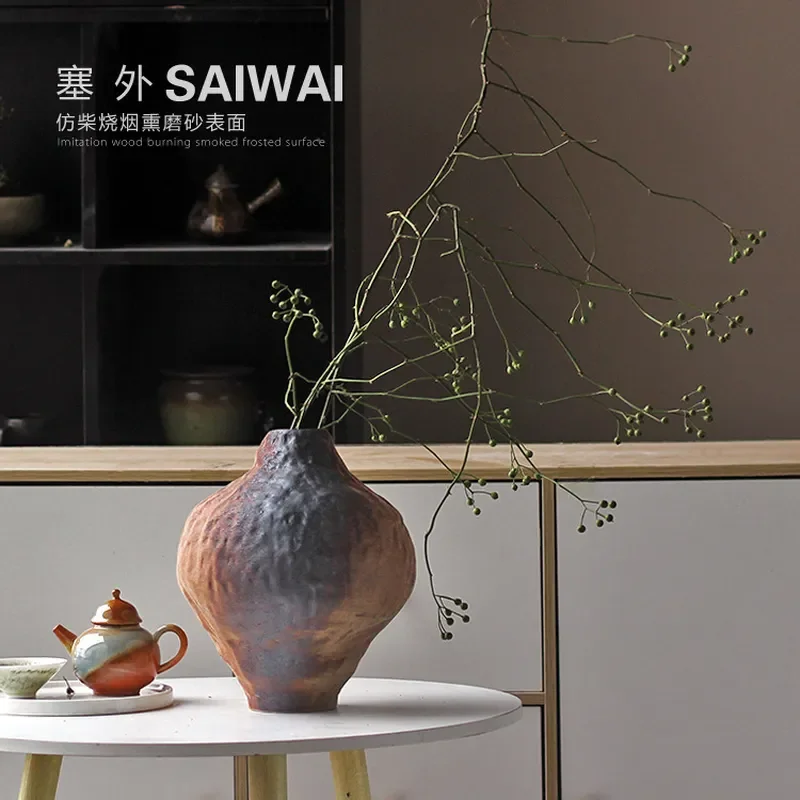 Jingdezhen Ceramic Vase Coarse Pottery Retro Handmade Flower Arrangement Wabi Sabi Zen Ornament for Dried Flowers B&B Hotel