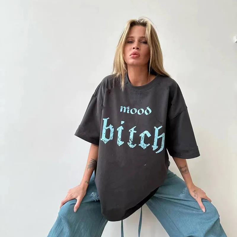 

ARTIE | 2024 Women's Summer American Street Vintage Washed Lettering Printing Short-sleeved Lazy Loose T-shirt for Couples