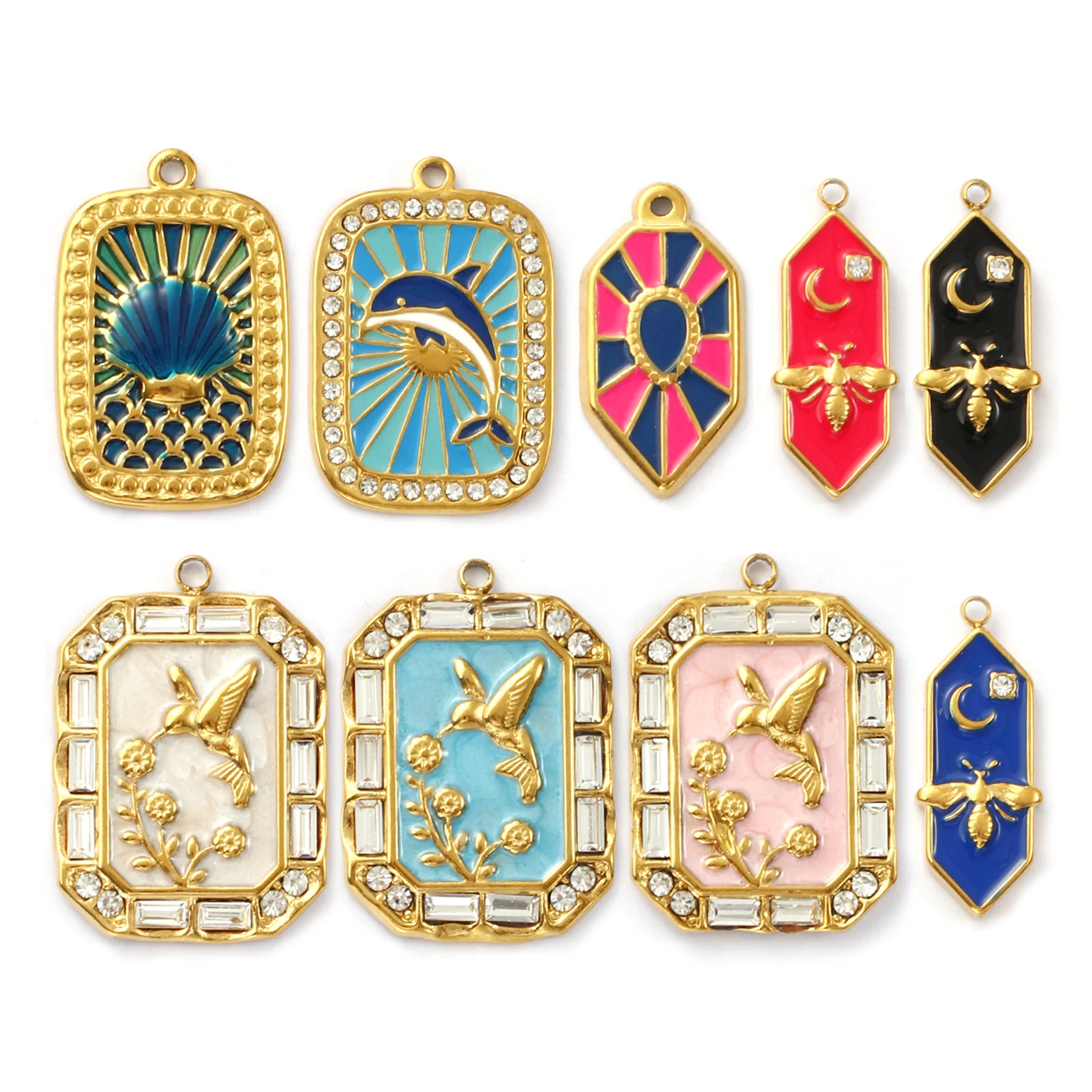 1 Piece 304 Stainless Steel Charms 18K Gold Plated Enamel Octagon Hexagon Shape Dolphin Hummingbird Bee Pendant Necklace DIY