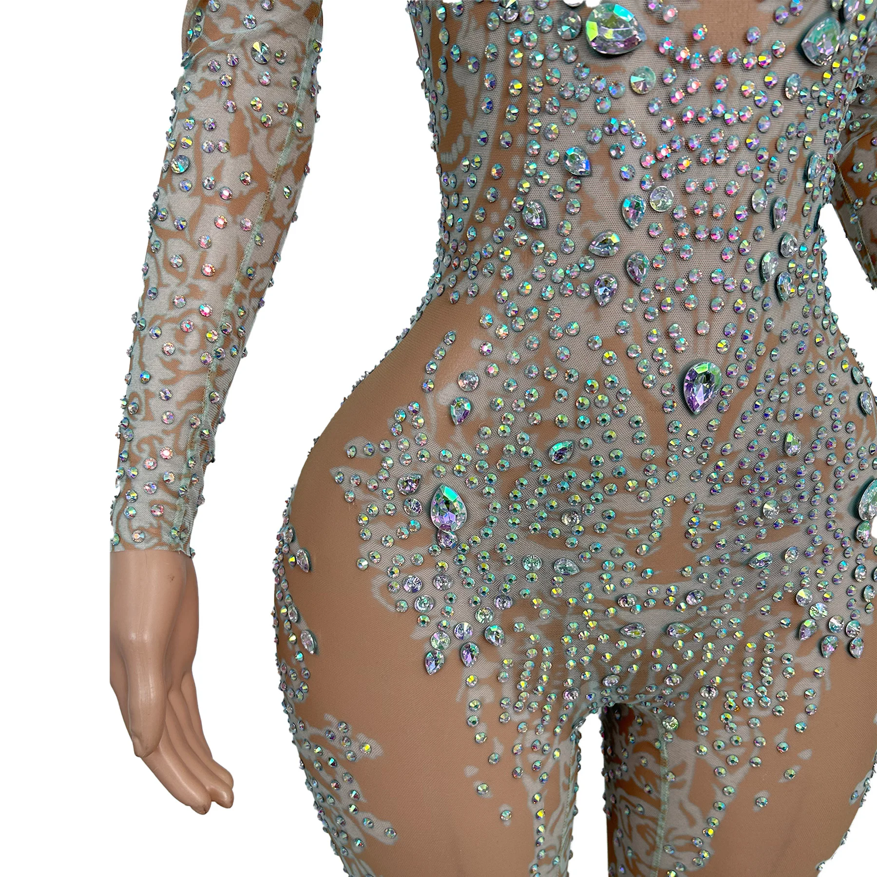 Baiputao الفاخرة النساء بذلة الفضة حجر الراين مثير انظر من خلال شبكة بذلة بار مرحلة الأداء الزي فساتين حفلات عيد ميلاد #1