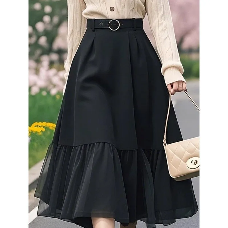 Immagine 4: Gonne longuette patchwork di pizzo di nuova moda primavera autunno da donna 2025 Lady Graceful Solid Vintage Gonna al ginocchio Abbigliamento alla moda