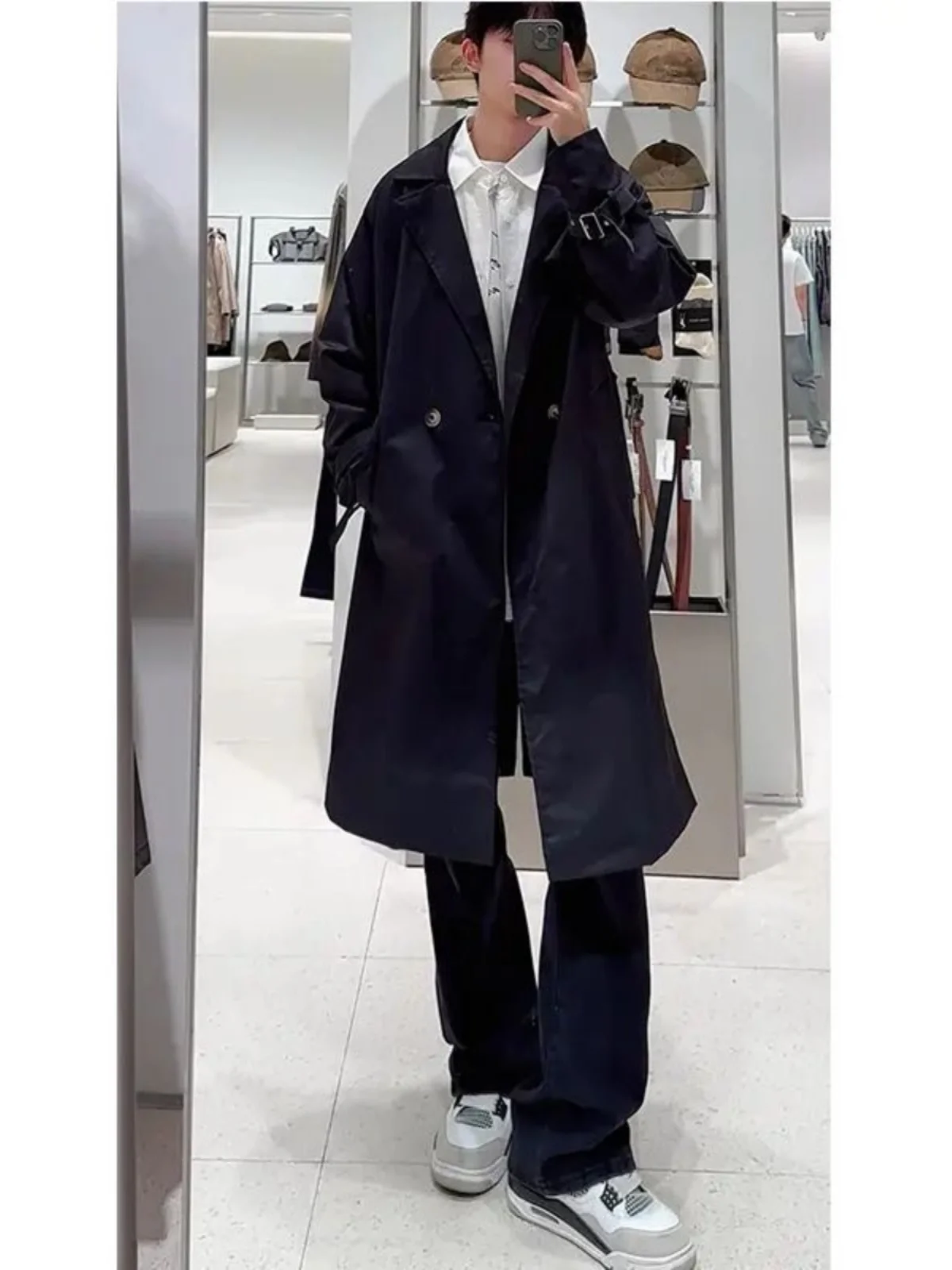 

Loose Fit Men's Autumn Winter Long Coat Korean Sle Lazy Faion Teenage High Sensation Bla Color Outerwear Windbreaker