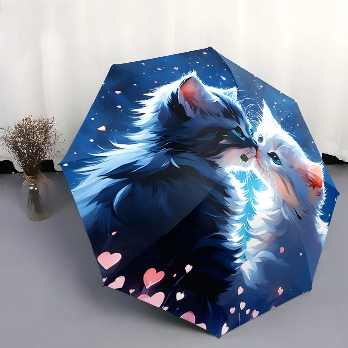 

Automatic Folding Umbrella with Adorable Fluffy Cats & Pink Hearts Design - Portable Collapsible 8-Rib Umbrella for All Season