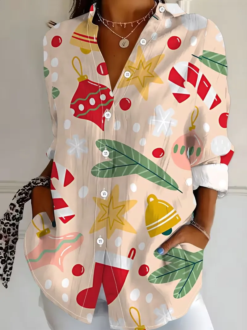 Women 2026 Long Sleeve Shirt Fashion Christmas Party Printing Blouse Elegant Graphic Casual Daily Wear Spring Autumn Blouse Tops