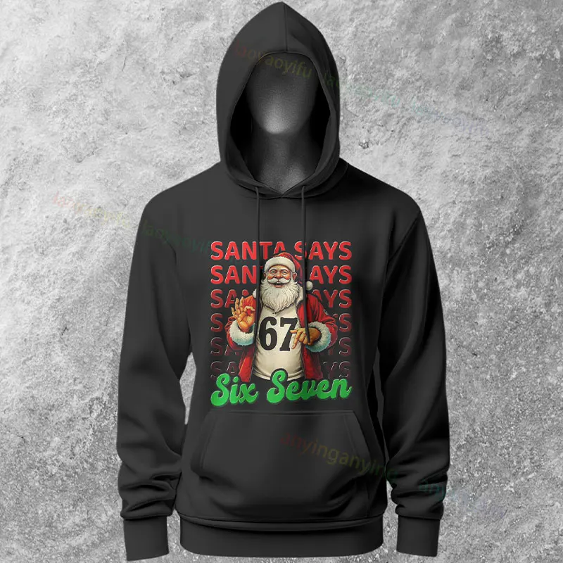 เสื้อฮู้ดลายกราฟิกตลกๆ ลายซานต้าคริสต์มาสและตัวเลข 6 7 สำหรับฤดูใบไม้ร่วงและฤดูหนาว สวมใส่สบายๆ แบบสปอร์ต