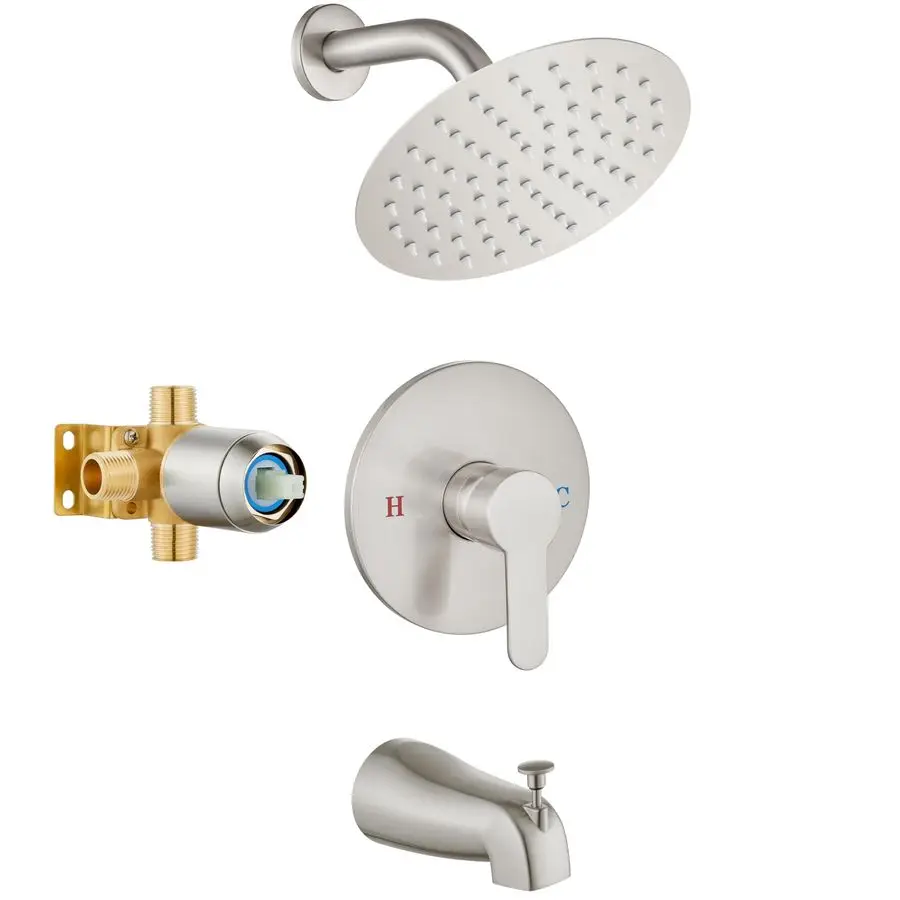 

Shower Faucet Set with Valve and Tub Spout,8 Inch Rainfall Shower Head, Wall Mount Shower System,Brass RoughIn Valve,Bathroom Sh