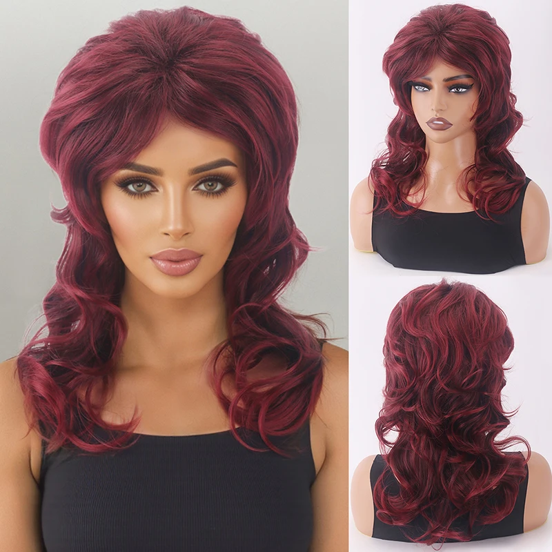 

Fashionable European and American wig for women, red long curly hair with big waves, fake headband Synthetic fiber wig