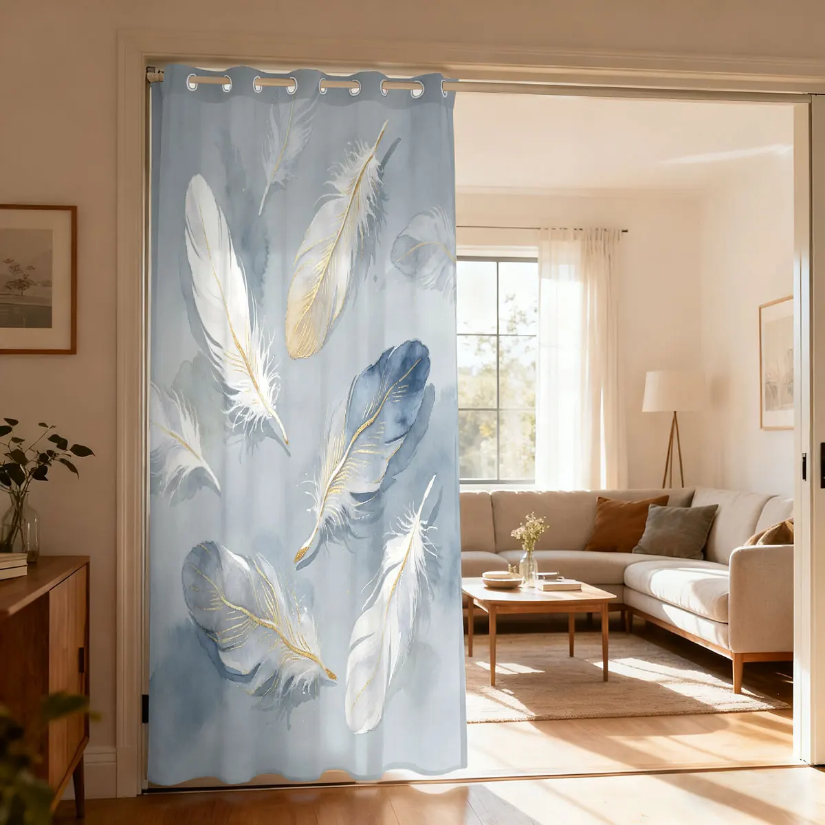 Watercolor Gold Painting Feather Single Panel Loop Top Curtain 1PC, Hanging Door Curtain For Living Room Bedroom, Fashion Hou