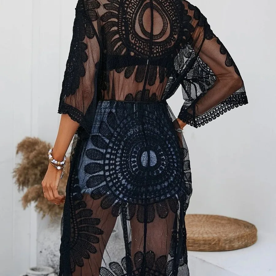 ชุดคลุมบิกินี่แบบยาว แขนยาว ผ้าถักโครเชต์ โชว์หลังสวย โปร่งแสง ลายฉลุ สำหรับใส่ไปทะเล