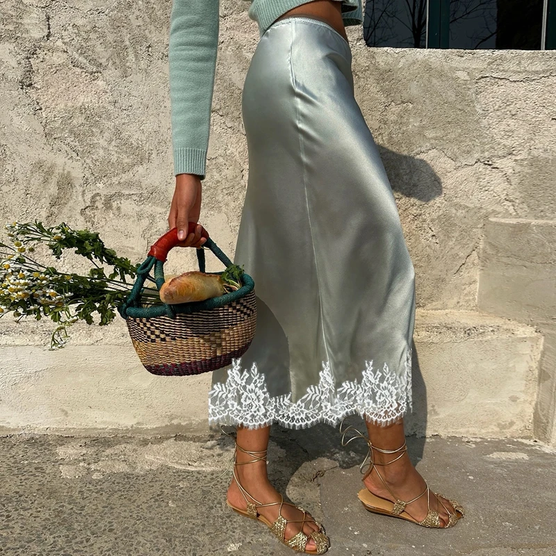 

Women Silk Satin Half Slip Long Skirt Elegant Lady Lace Trim Flowy A Line Maxi Underskirt Casual High Waist Silky Under Dress