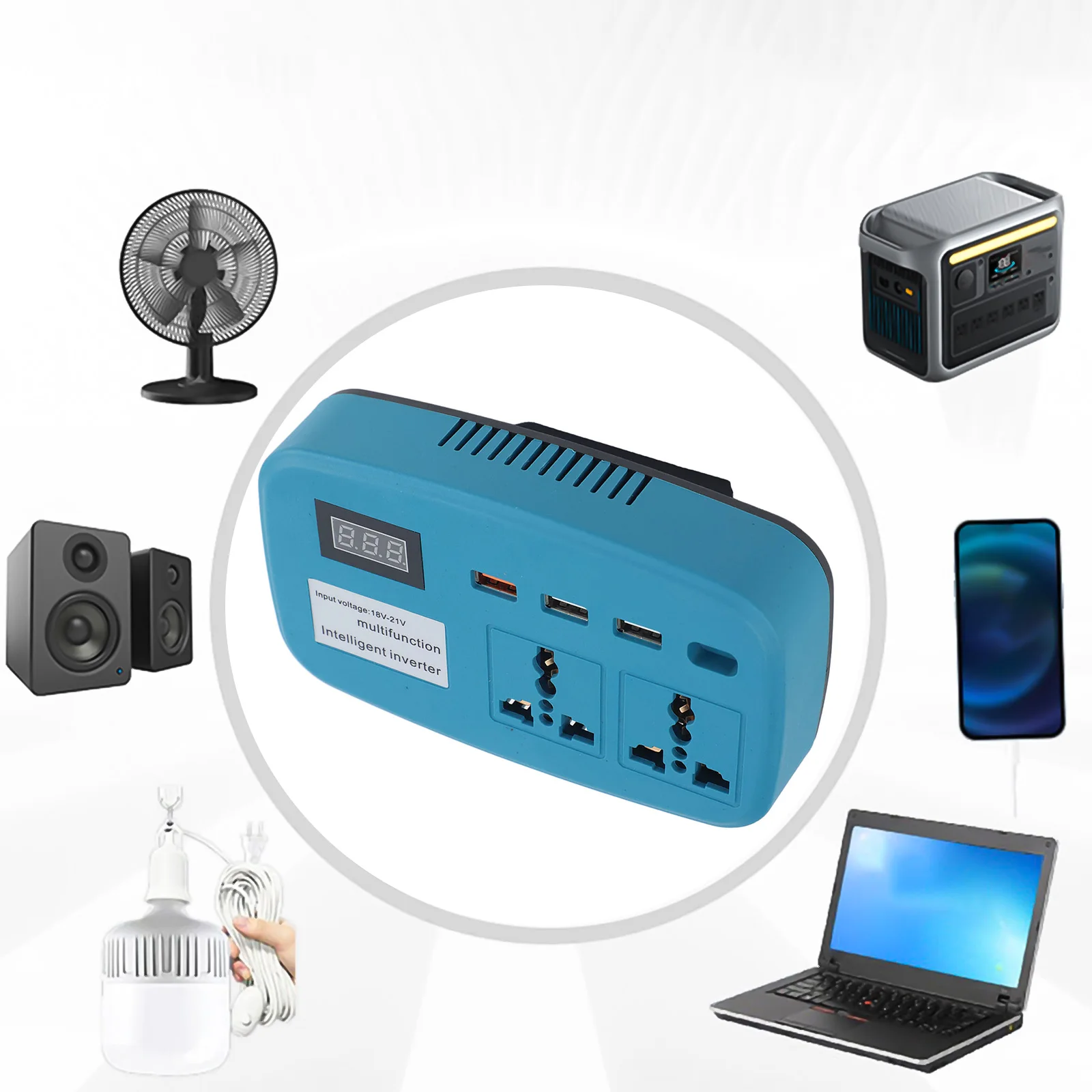 DC 21V to 220V Inverter 1100W, 3 USB Ports, Portable Battery Converter for Outdoor Camping, Compact Power Adapter