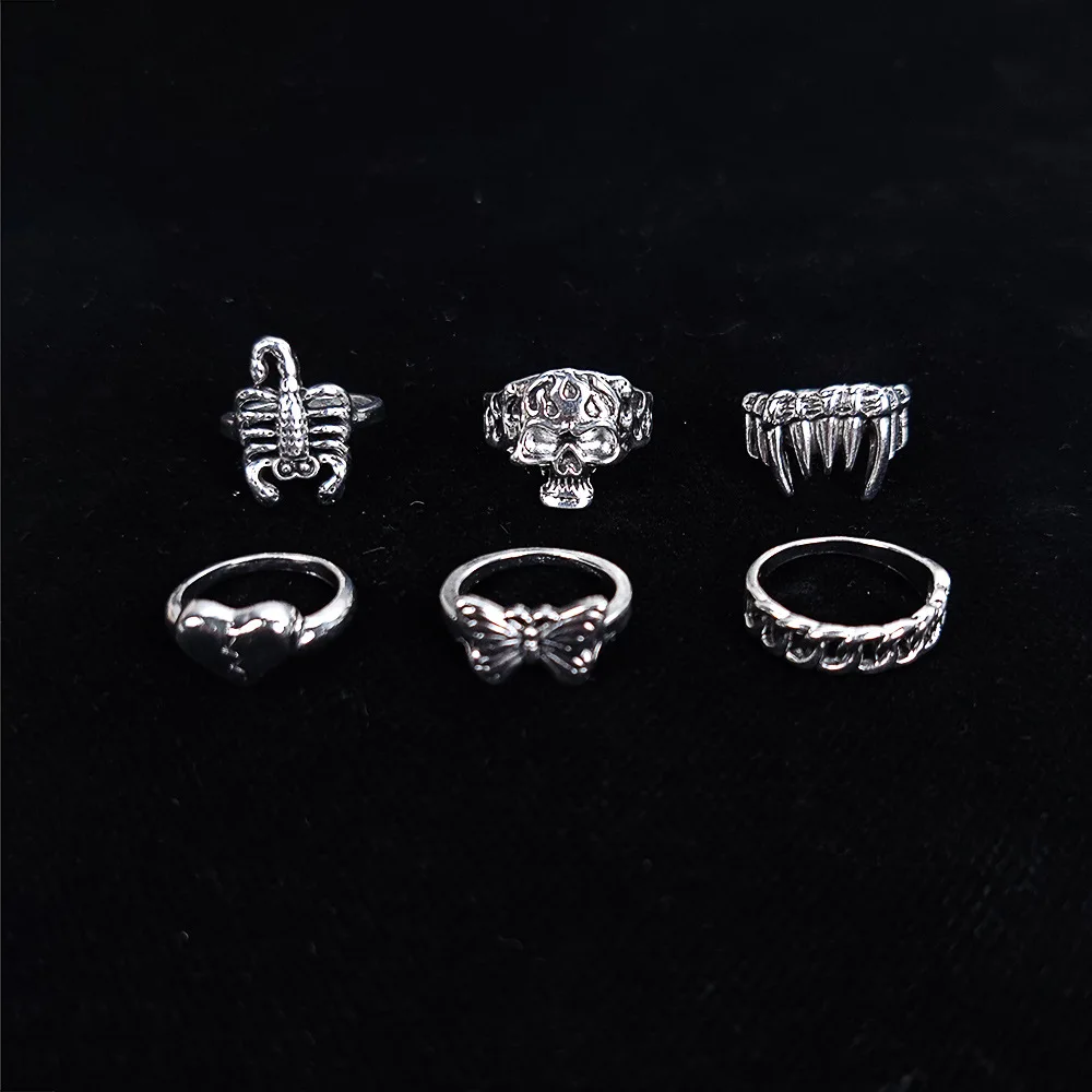 Foreign trade cross-border women's jewelry, fashionable retro scorpion fangs, love skull, butterfly combination ring six-piece s