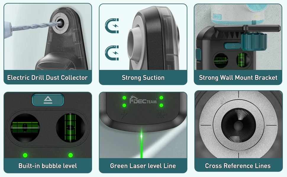 Grüner Laser Level Decteam Elektrischer Bohrstaubsammler 3-in-1-Wandsauger mit Saugfunktion, Vakuumbox, Reinigungswerkzeug, Laserhalterung PQH05G – Detail 5