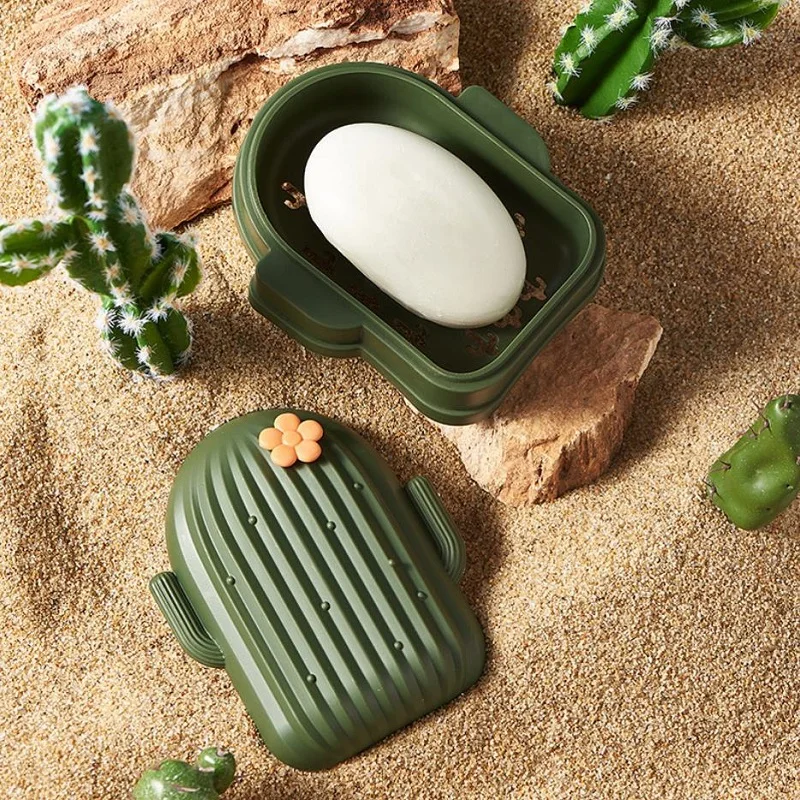 1pcs Creative Soap Box Cactus Shape Laundry Soap Sponge Dish Holder Bathroom Storage Travel Portable Waterproof Soap Case