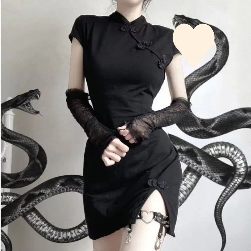 فستان شيونغسام قصير أنيق للسيدات الشابات بتصميم عتيق وتنورة قصيرة بطول ألياف البوليستر وأكمام قصيرة وياقة واقفة #5