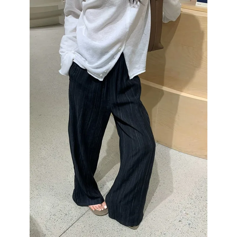 Femmes rides jambe large pantalons décontractés printemps été taille haute ample droite léger respirant pantalon