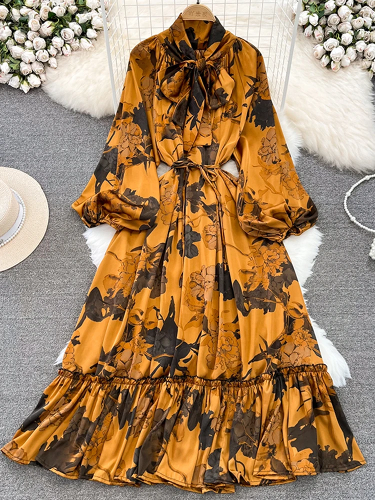 Frühling Herbst Neues Damen-Langarmkleid Elegantes Loses Übergrößen-Kleid mit Schnürung Bedrucktes Langes Kleid für Damen C329