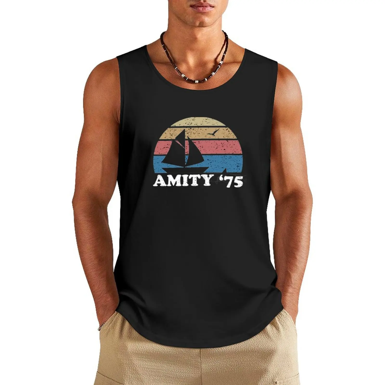 

Amity '75 - The Summer of Great White Shark Jaws Tank Top Bodybuilding shirt T-shirt men