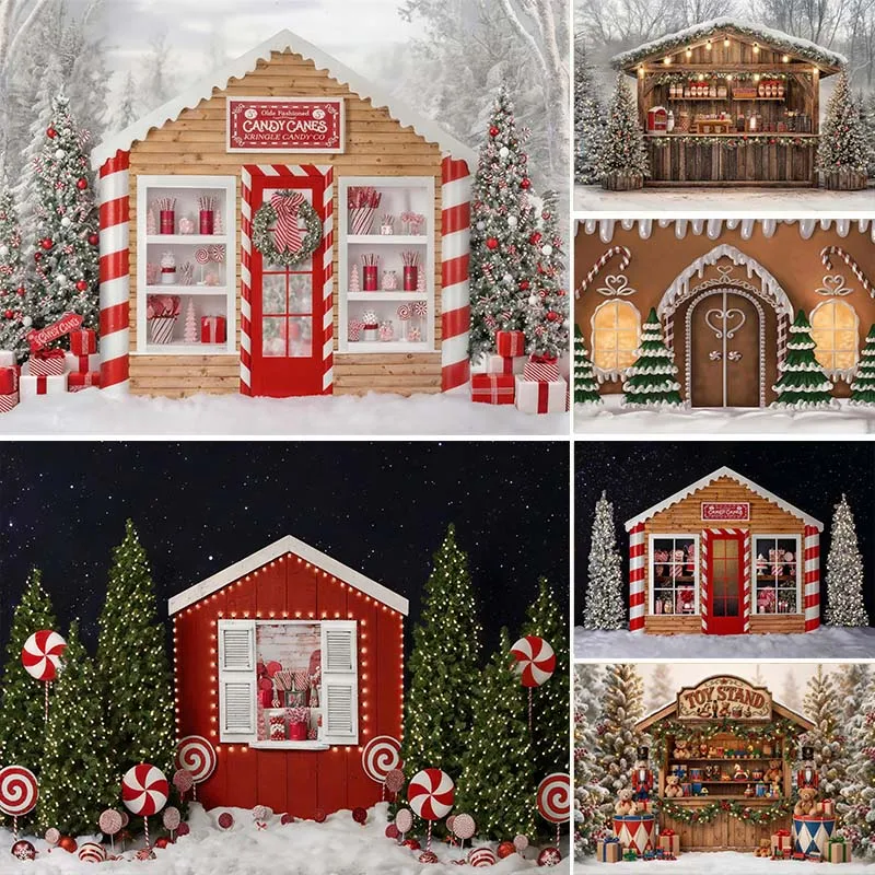 LS Photography Background Christmas Gift Shop Window Decoration Backdrop Family Xmas Holiday Portrait Photos Studio Props