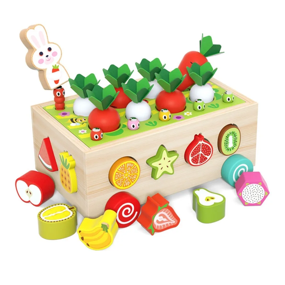 Wooden Material Shape Sorting Toy Carrot Pull Multifunctional Orchard Shape Toy Montessori Car Puzzle Wooden Toy Car Farm Scene
