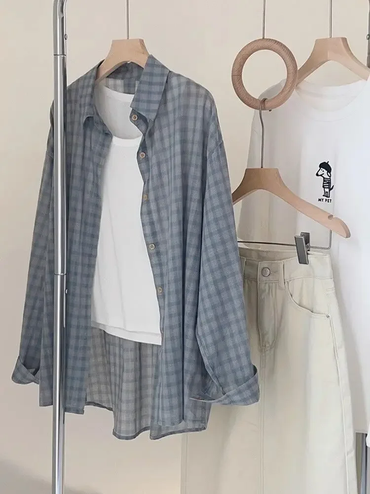 2024 Summer New Minimalist Commute Blouse Plaid Button Polo Collar Long Sleeve Casual Loose Women Midi Sunscreen Clothing Shirts
