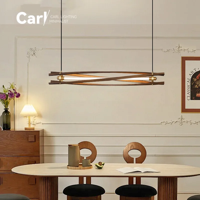 American Restaurant Lamp Medieval Retro Dining Room Bar Chandelier Long Strip Modern Simple High-end Walnut Color Lamp