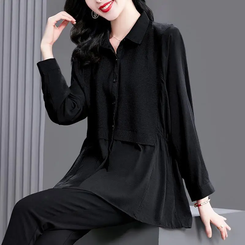 Casual Fashion Folds Button Oversized fałszywe dwie sztuki koszula odzież damska 2022 jesień nowe dojazdy topy luźna bluzka na wszystkie mecze