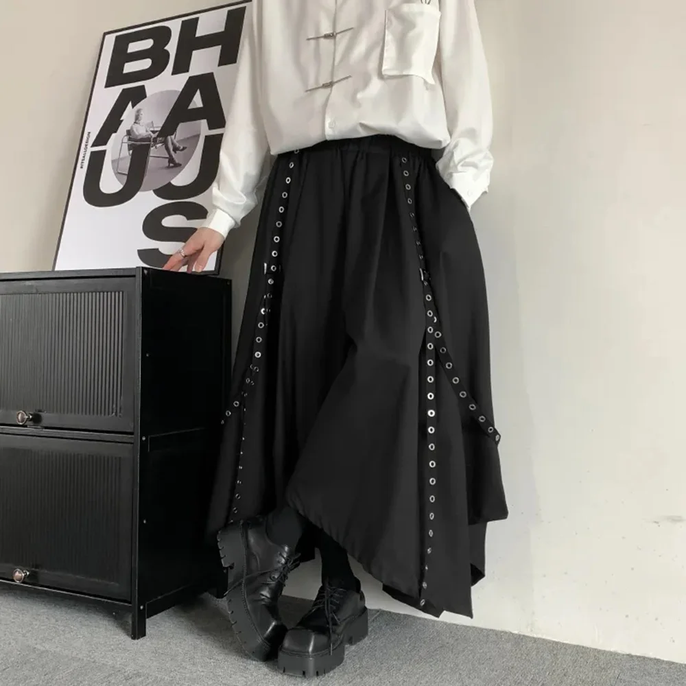 Mens Gothic Rope Belt Decorated Irregular Skirt Pants Genderless Fashion Japanese Style Niche Dark Samurai Pants Hakama Unisex