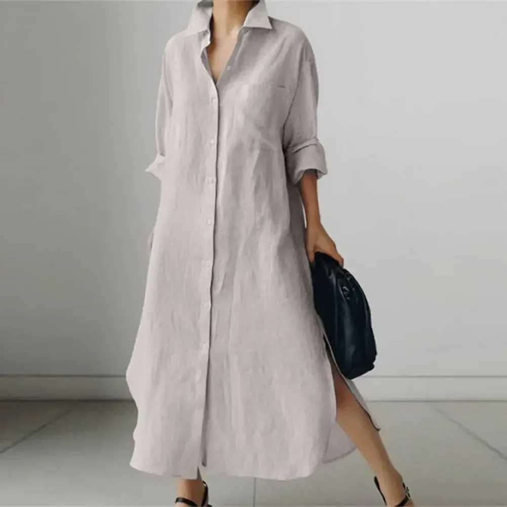 Loose Cut Maxi Dress Women Long Lapel Dress Stylish Women\'s Long Sleeve Maxi Shirt Dress with Irregular Split Hem Loose for Wear