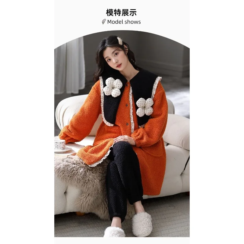 Women's Sleepwear Coral Velvet Autumn and Winter 2024 New Warm Velvet and Thick Ice Cream Velvet Medium Long Home Wear Simple