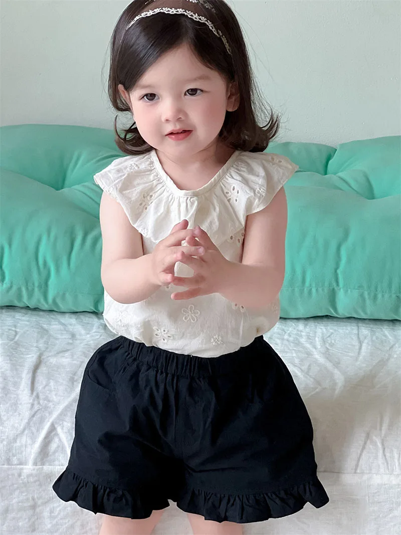 

Girls Thin Shirts Baby Sleeveless Hollow Out Floral Blouse Toddler Loose Korean Version Shorts New Summer 9M-3T