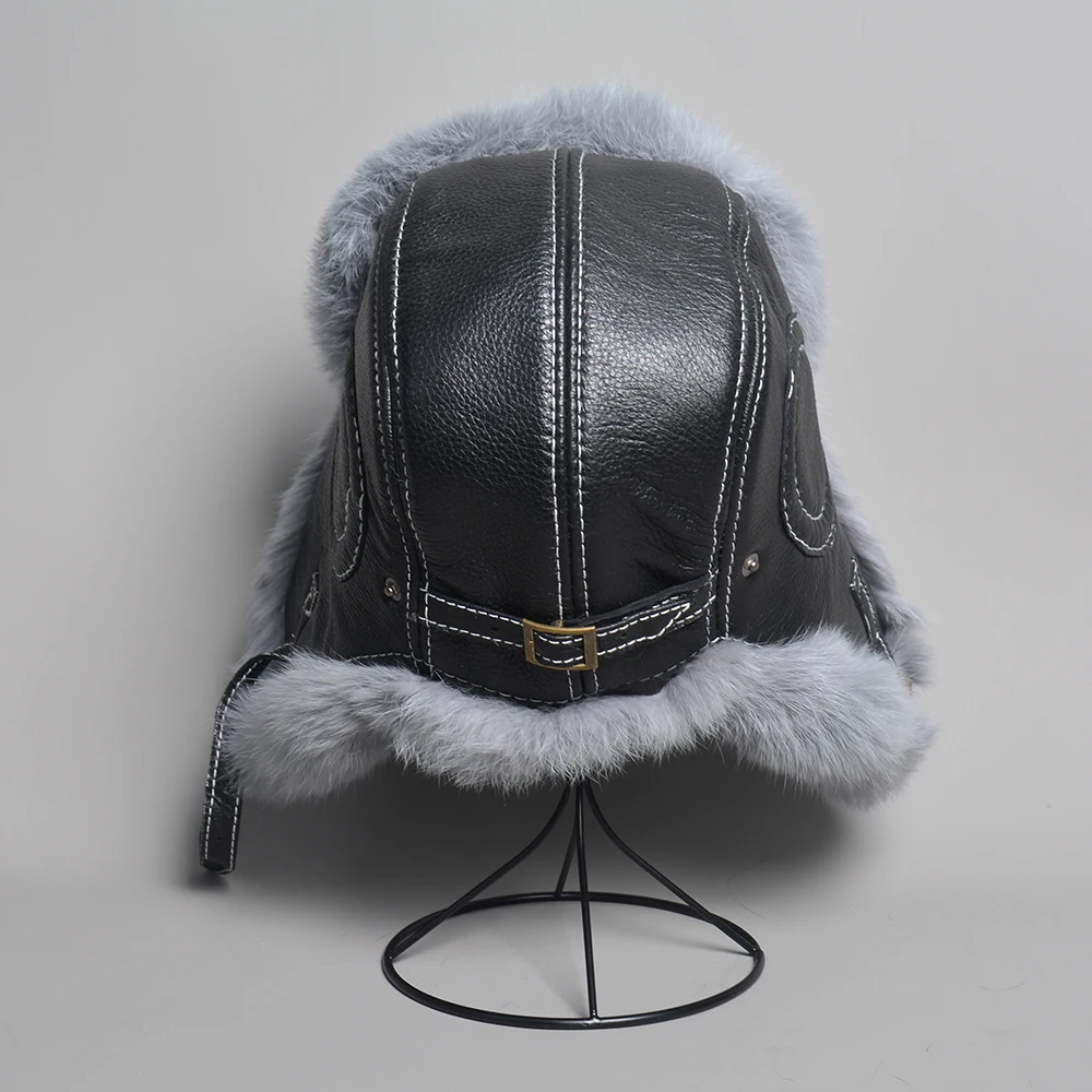 2024 New Men\'s 100% Natural Rabbit Fur Bomber Hats Winter Russian Man Warm Real Sheepskin Leather Hat Male Real Fur Caps