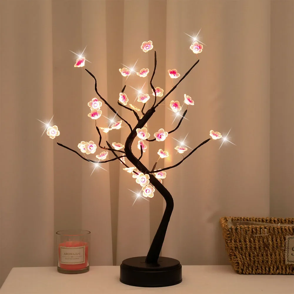 Table Tree Night Light USB/Battery Powered Touch Switch Artificial Bonsai Cherry Blossom Desktop Tree LED Lamp Light DecorationW