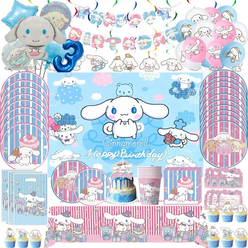 Cinnamoroll Party Paper Plates Cups Banner Tablecloth Disposable Tableware Set For Kids Birthday Decoration Girl Party Supplies