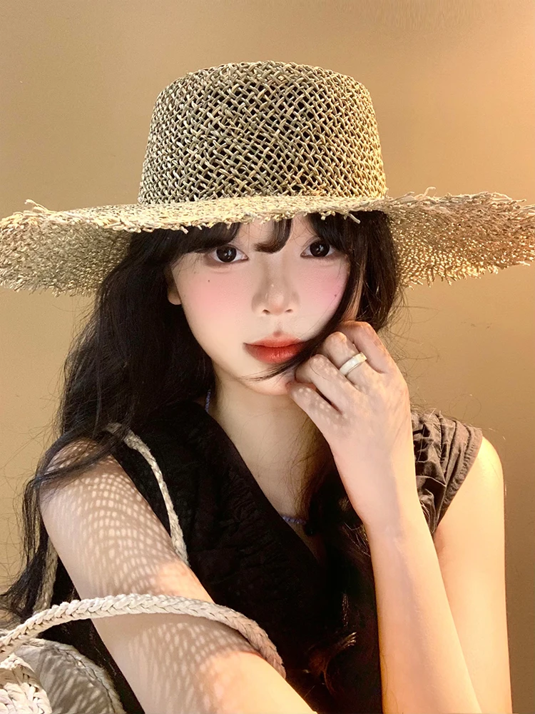 

Women's Summer Beach Vaion Sun Protection Hat Hollow out Flat Top Wide Brim St Hat Casual Sle Outdoor Travel Cap