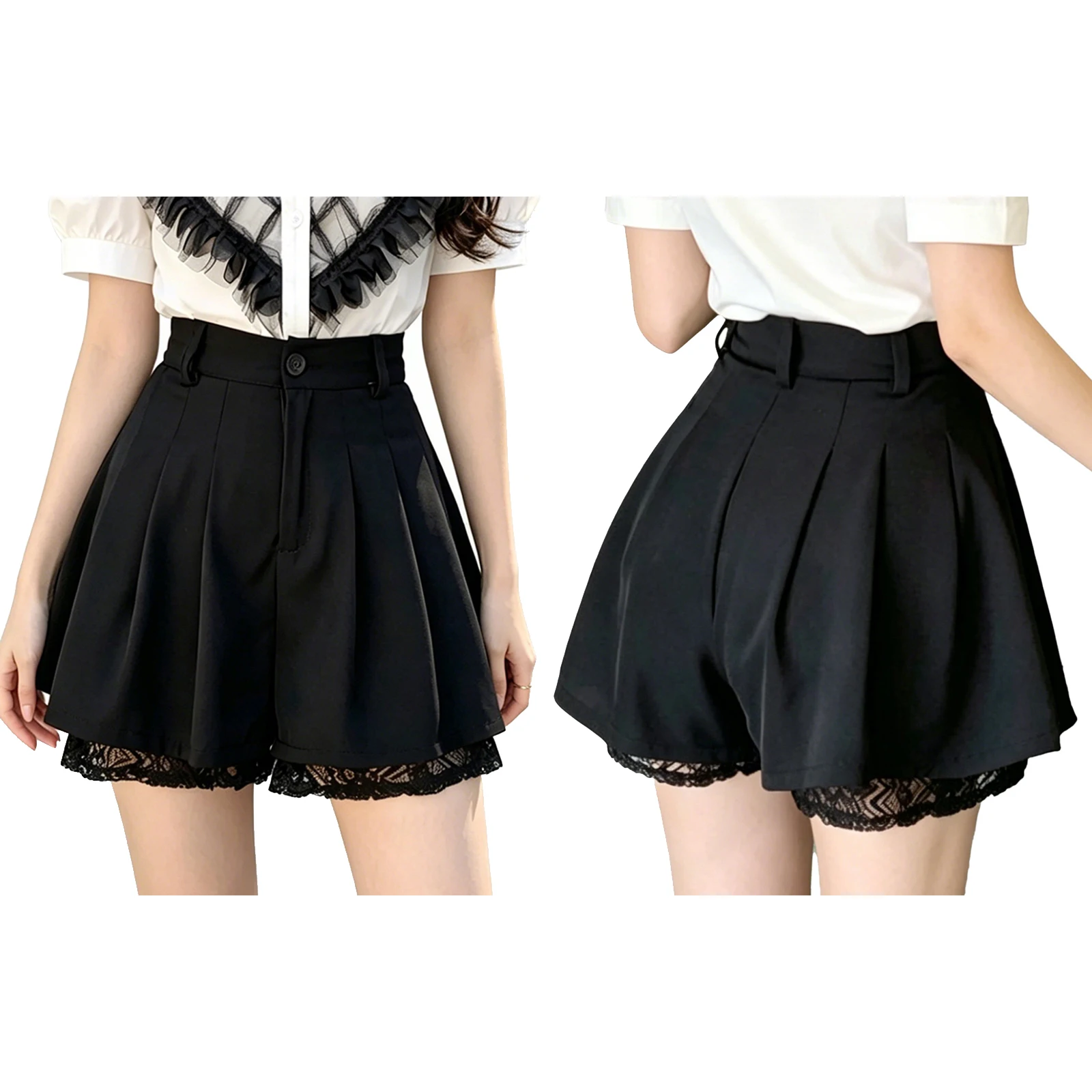 

Women High Waist Floral Lace Trim Culottes Fashion Pleated Wide Legs Dressy Shorts for Casual Daily Wear Office Work Party