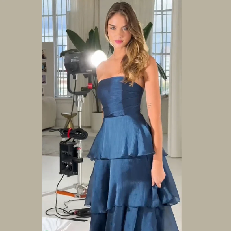 

Women Strapless Tiered Organza Evening Dress Luxury Sexy Backless Summer Long Skirt Lady Wedding Guest Prom Cocktail Party Gown