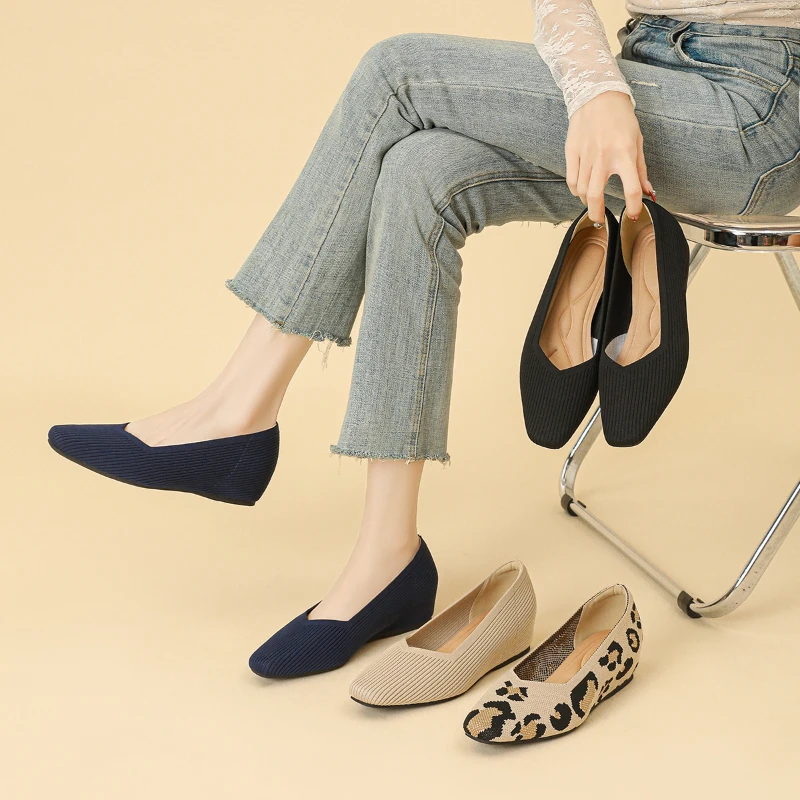 

Square Toe Knit Inner Heightening Shoes V Cut Vertical Texture Solid Color Casual All Match French Style Plus Size Daily Elegant