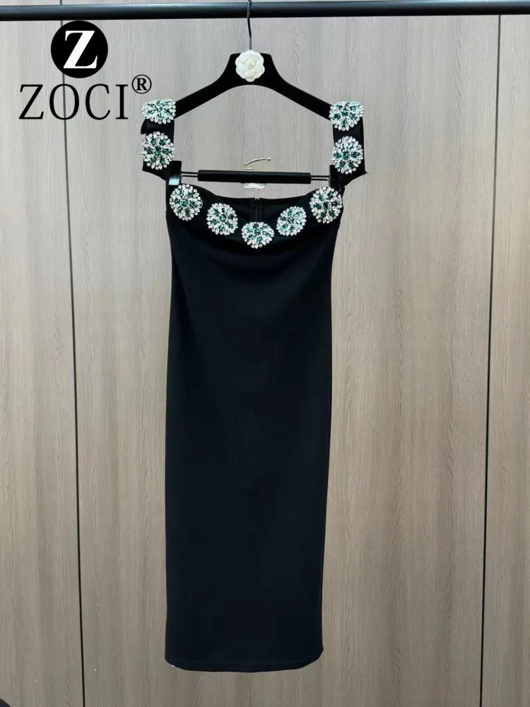 [ZOCI] 2025 Square Neck One Shoulder Diamond Flower Heavy Industry Design Waist French Luxury Dress